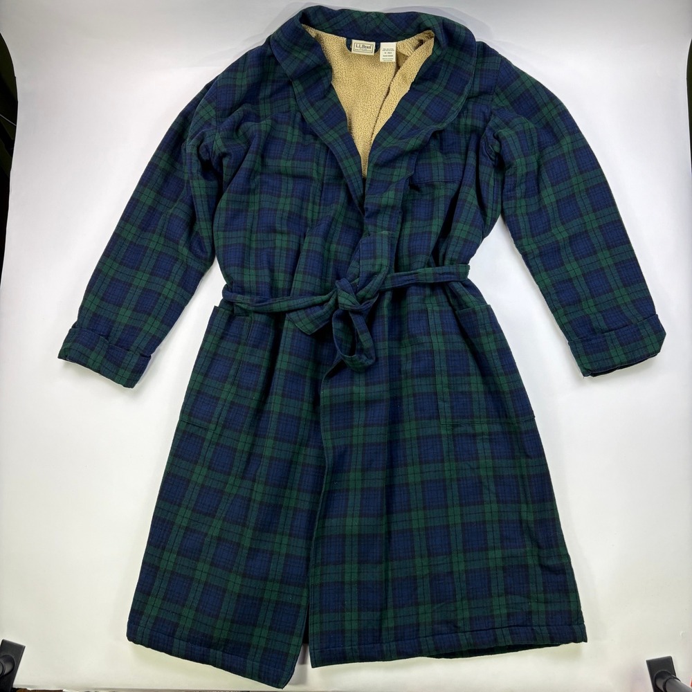 L.L. Bean Scotch Plaid Flannel Robe Mens M Reg Black Watch Sherpa Lined Belted